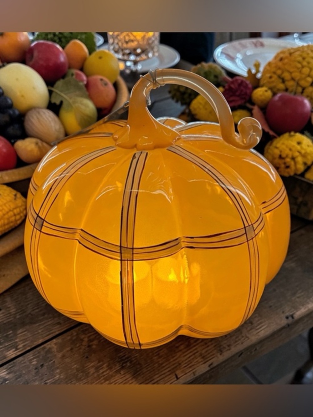 NWT Southern Living Hand Blown Glass Pumpkin Orange White Striped Fall Decor - Picture 3 of 10